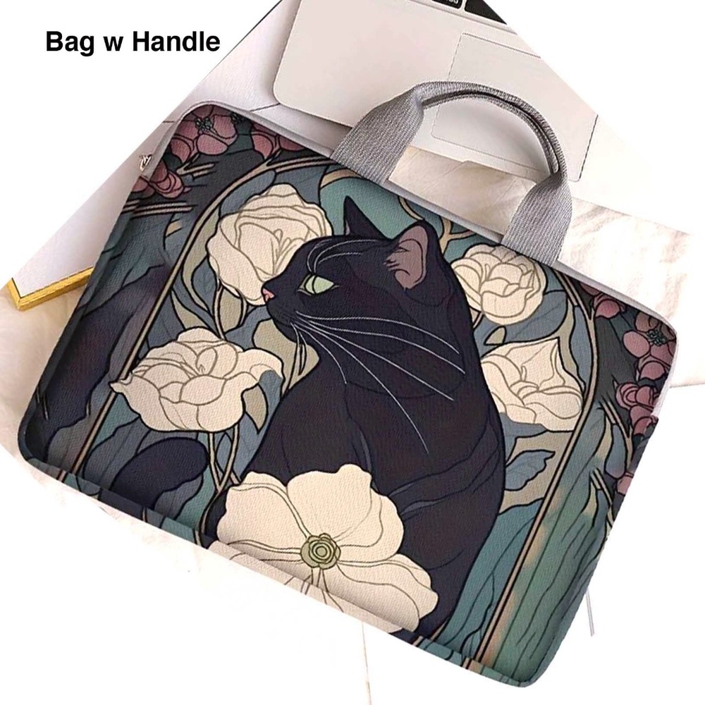 Laptop Bag - Black Cat w Peonies